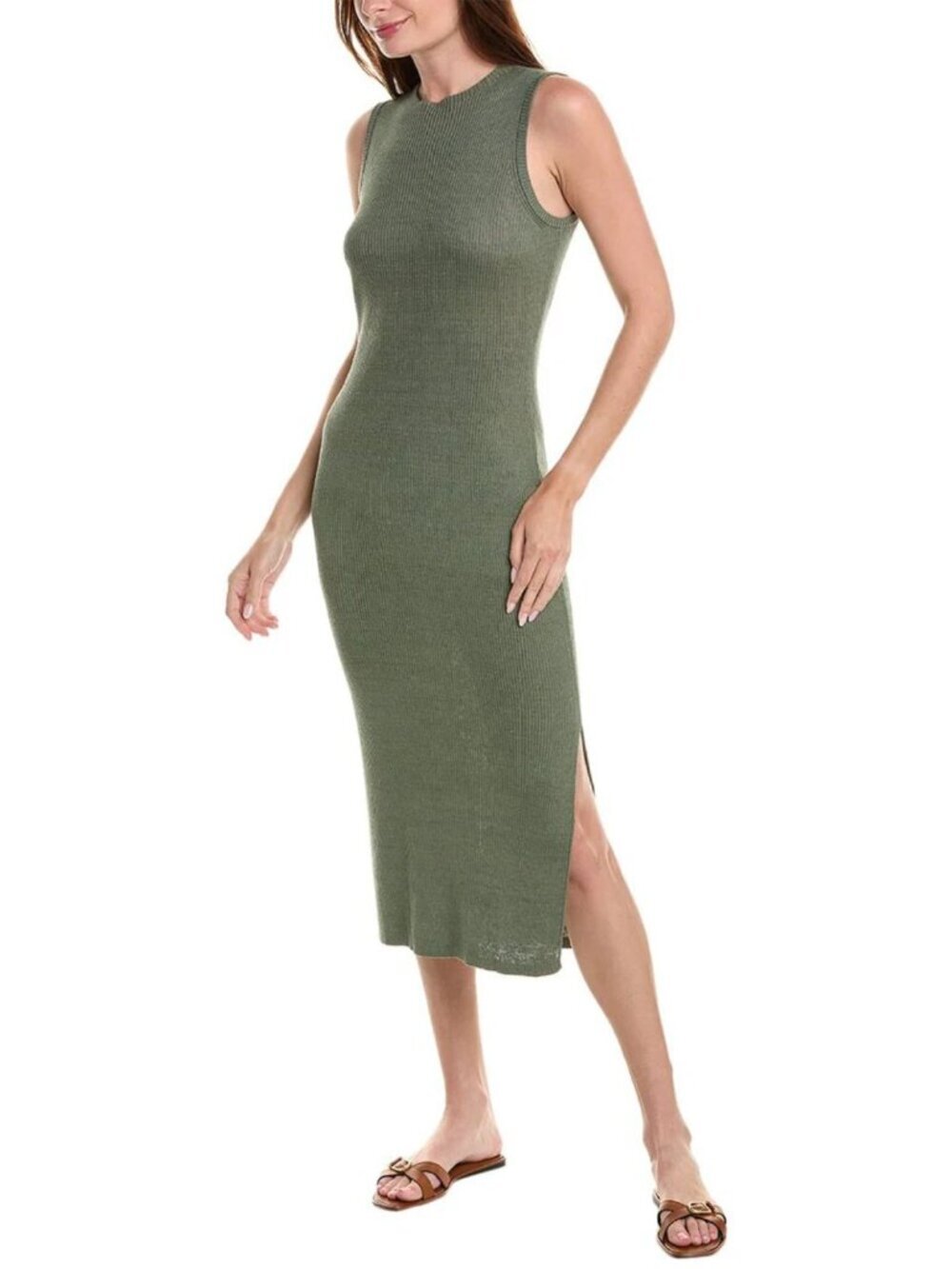 New! Onia Sea Spray Green Linen-Blend Rib Tank Midi Dress Medium 38355